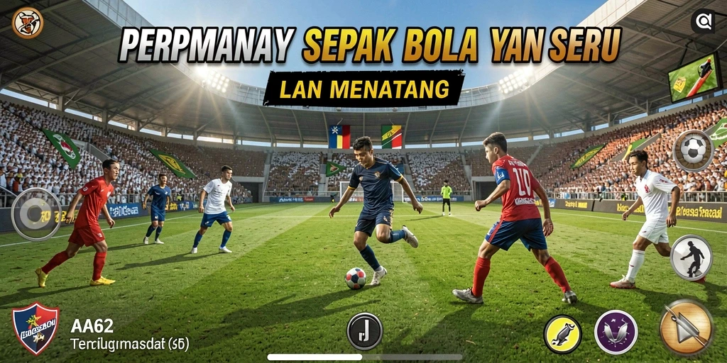 Screenshot utama AA62 menampilkan aksi seru di lapangan sepak bola.
