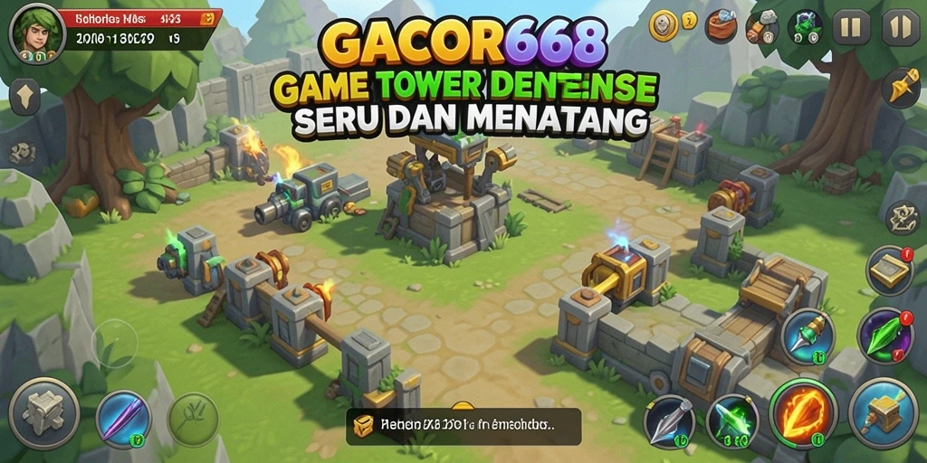 Screenshot gameplay GACOR668 dengan menara dan musuh yang menyerang.