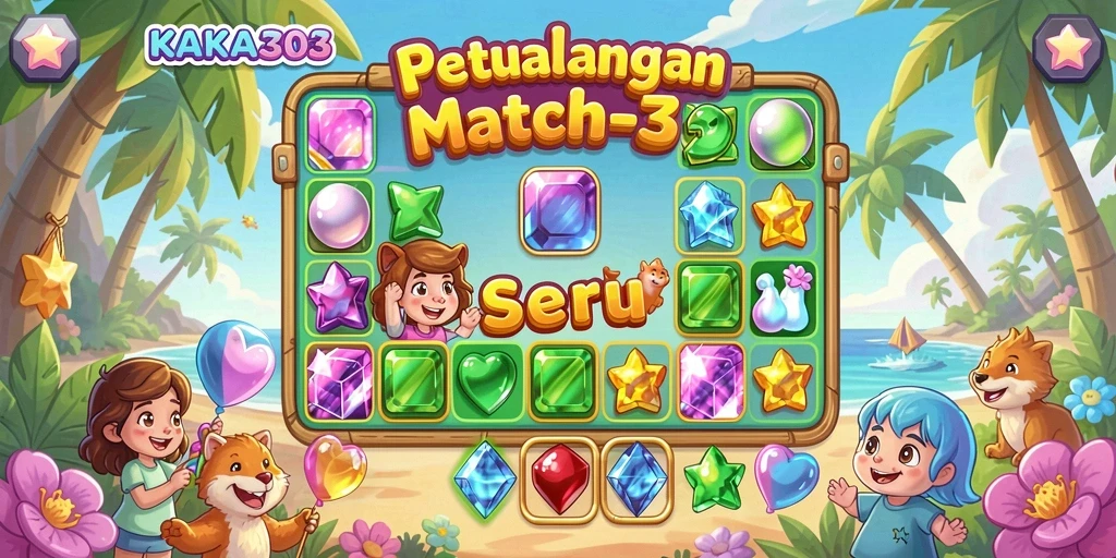 Screenshot KAKA303 menunjukkan gameplay seru dari tantangan Match-3.