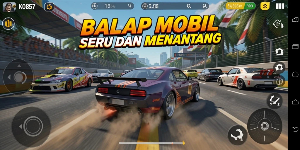 Screenshot gameplay KO857 yang menampilkan aksi balapan seru.