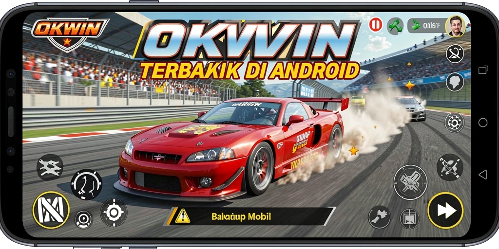 Screenshot utama OKWIN menampilkan aksi balap yang mendebarkan dan grafis yang menawan.