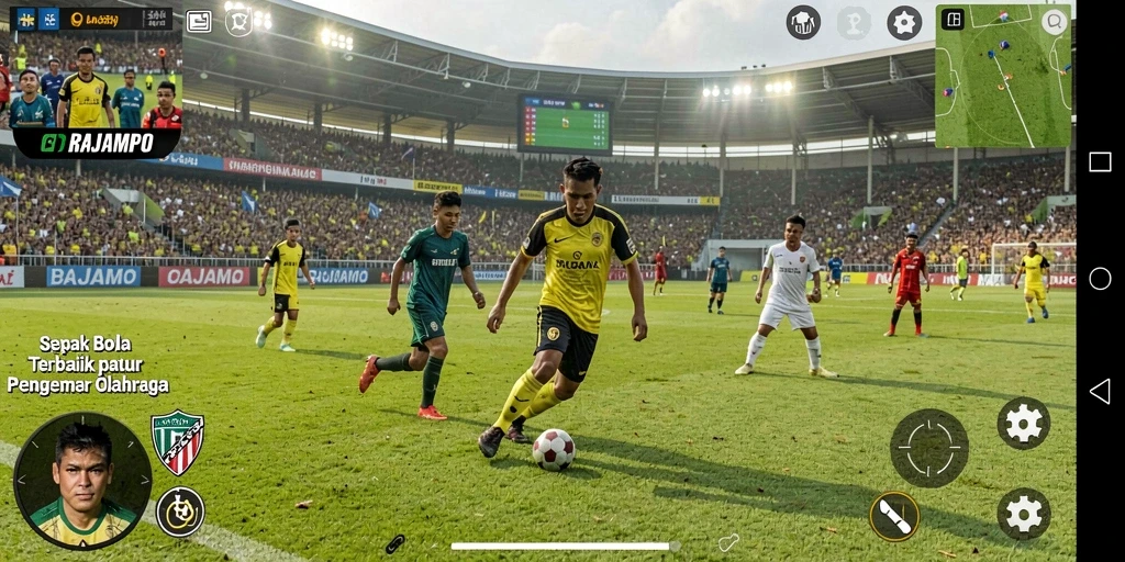 Screenshot gameplay RAJAMPO yang menampilkan aksi seru sepak bola.