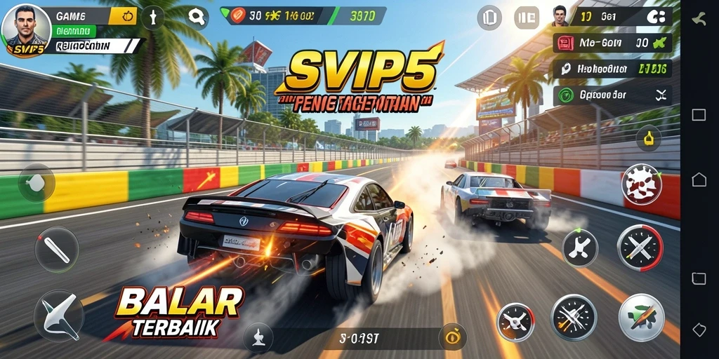 Gameplay SVIP5 yang seru dengan balapan mendebarkan di berbagai trek.